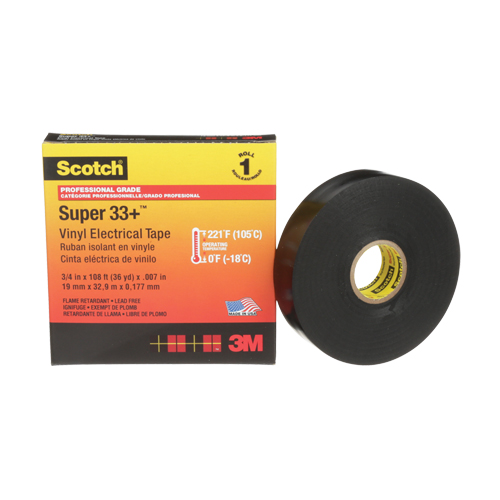 Scotch&reg; Super 33+ Vinyl Electrical Tape, 19 mm (3/4") x 33 m (108'), Black, 7 mils Equipex