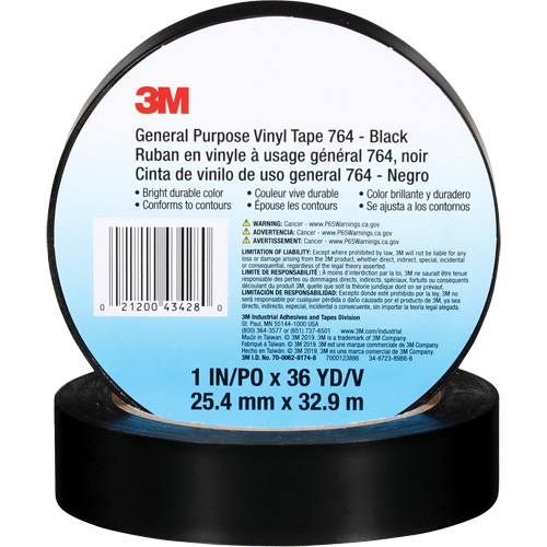 Ruban en vinyle pour travaux g&eacute;n&eacute;raux 764, 25,4 mm (1") la x 32,9 m (108') lo, 5 mils, Noir Equipex