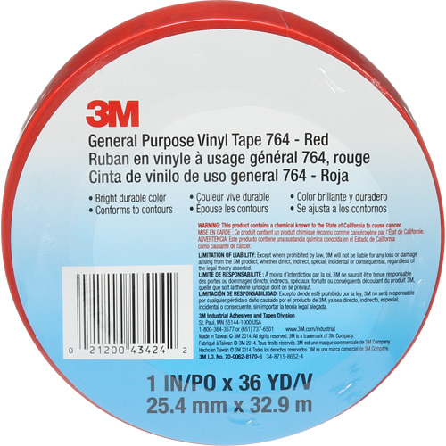 Ruban en vinyle pour travaux g&eacute;n&eacute;raux 764, 25,4 mm (1") la x 32,9 m (108') lo, 5 mils, Rouge Equipex