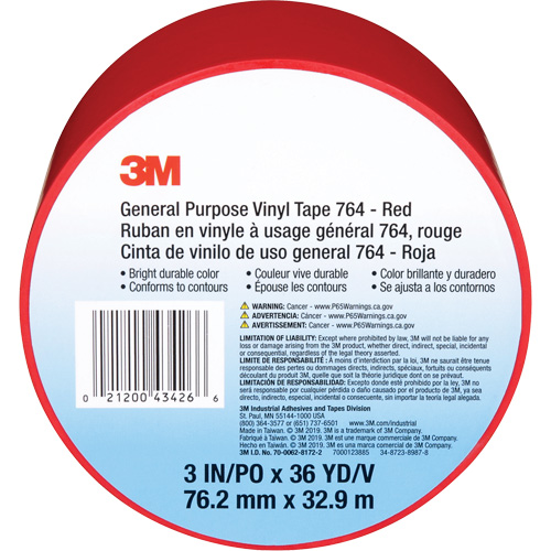 Ruban en vinyle pour travaux g&eacute;n&eacute;raux 764, 76 mm (3") la x 32,9 m (108') lo, 5 mils, Rouge Equipex