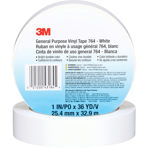 Ruban en vinyle pour travaux g&eacute;n&eacute;raux 764, 25,4 mm (1") la x 32,9 m (108') lo, 5 mils, Blanc Equipex