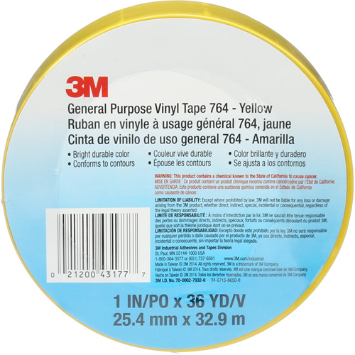 Ruban en vinyle pour travaux g&eacute;n&eacute;raux 764, 25,4 mm (1") la x 32,9 m (108') lo, 5 mils, Jaune Equipex