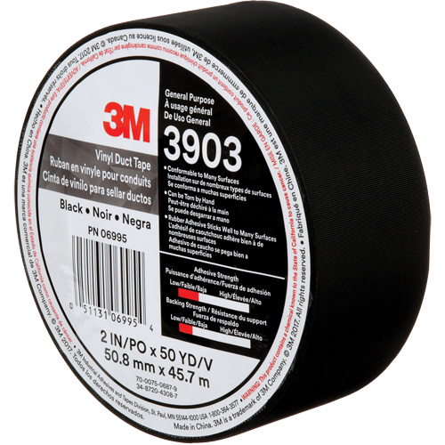Rubans adh&eacute;sifs en vinyle 3903, 48 mm (2") la x 45 m (148') lo, 6,5 mils, Noir Equipex