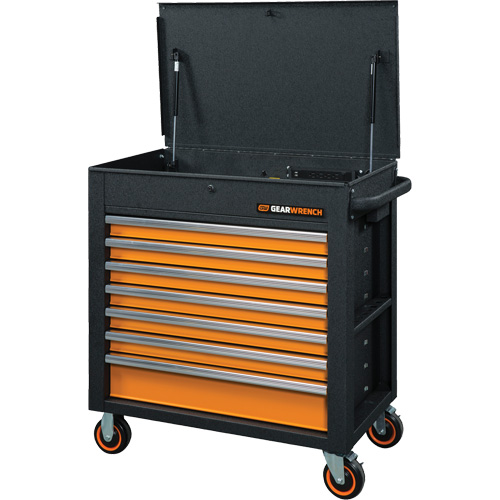 Chariot &agrave; outils s&eacute;rie GSX avec dessus inclin&eacute;, 7 tiroirs, 35" lo x 20" la x 39" h, Noir/Orange Equipex