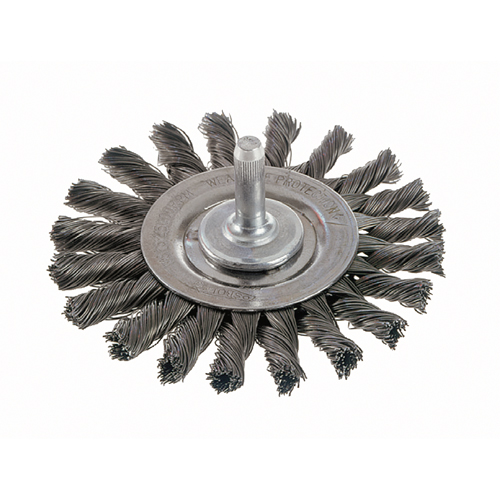 Knot Wire Wheel Brushes - Standard Twist Knot with 1/4" Shank, 4" Dia., 0.014" Fill, Stainless Steel Equipex
