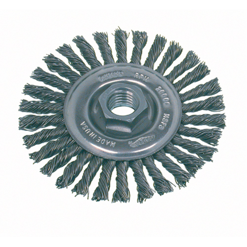 Brosse rotative &agrave; fils nou&eacute;s pour petites meuleuses haute vitesse, pour passe de fond, Dia. 4", Fils 0,02", Arbre 5/8"-11, Acier Equipex