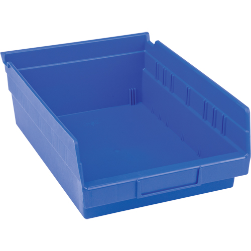Plastic Shelf Bins, 8-3/8" W x 4" H x 11-5/8" D, Blue, 15 lbs. Capacity Equipex