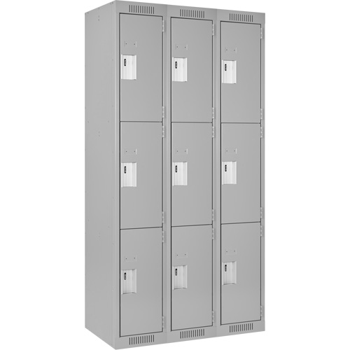Clean Line Lockers, 3 -tier, Bank of 3, 36" x 18" x 72", Steel, Grey, Rivet (Assembled) Equipex