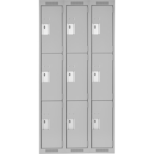 Clean Line Lockers, 3 -tier, Bank of 3, 36" x 18" x 72", Steel, Grey, Rivet (Assembled) Equipex