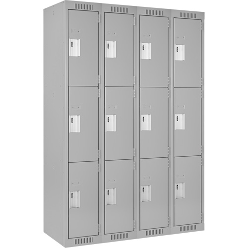 Clean Line Lockers, 3 -tier, Bank of 4, 48" x 18" x 72", Steel, Grey, Rivet (Assembled) Equipex