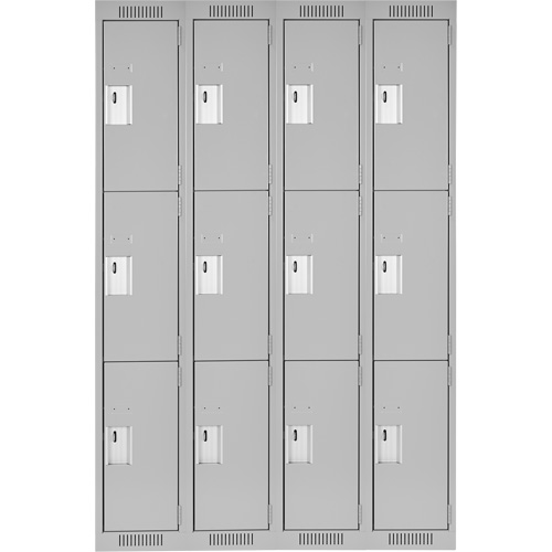Clean Line Lockers, 3 -tier, Bank of 4, 48" x 18" x 72", Steel, Grey, Rivet (Assembled) Equipex