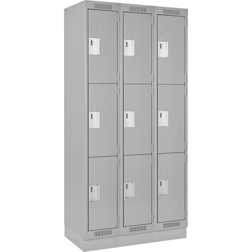 Clean Line Lockers, 3 -tier, Bank of 3, 36" x 18" x 76", Steel, Grey, Rivet (Assembled) Equipex