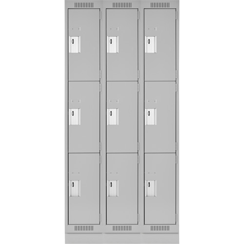 Clean Line Lockers, 3 -tier, Bank of 3, 36" x 18" x 76", Steel, Grey, Rivet (Assembled) Equipex