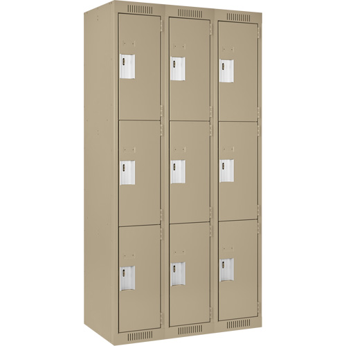 Clean Line Lockers, 3 -tier, Bank of 3, 36" x 18" x 72", Steel, Beige, Rivet (Assembled) Equipex