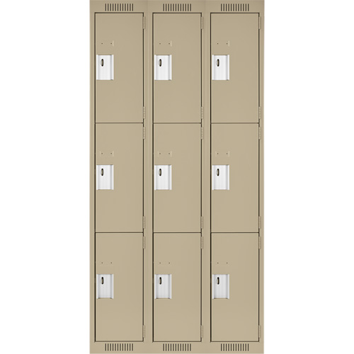 Clean Line Lockers, 3 -tier, Bank of 3, 36" x 18" x 72", Steel, Beige, Rivet (Assembled) Equipex