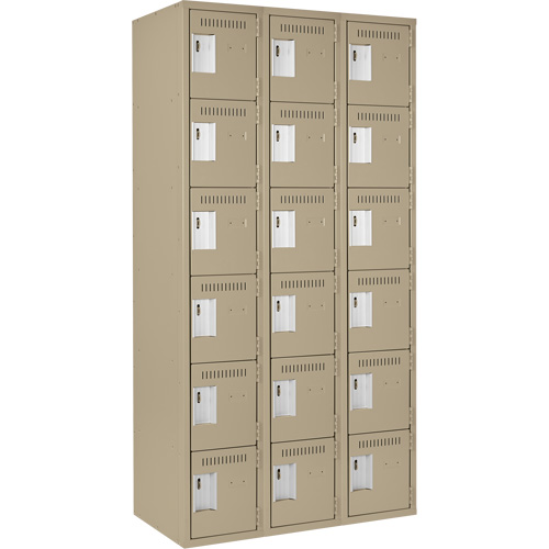 Clean Line Lockerette, 6 -tier, Bank of 3, 36" x 18" x 72", Steel, Beige, Rivet (Assembled) Equipex