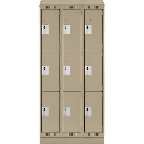 Clean Line Lockers, 3 -tier, Bank of 3, 36" x 18" x 82", Steel, Beige, Rivet (Assembled) Equipex