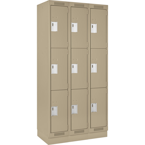 Clean Line Lockers, 3 -tier, Bank of 3, 36" x 18" x 76", Steel, Beige, Rivet (Assembled) Equipex