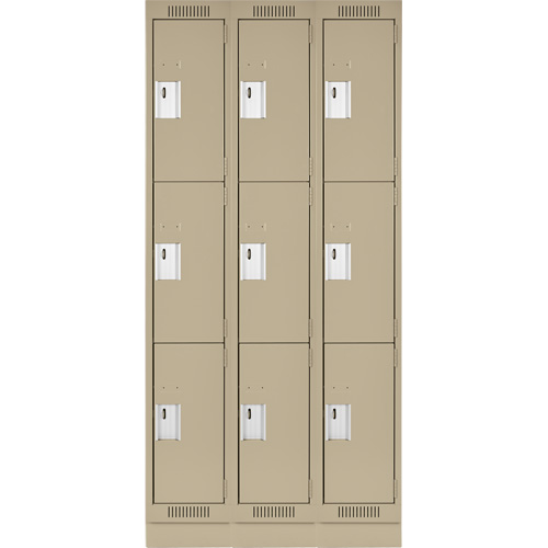 Clean Line Lockers, 3 -tier, Bank of 3, 36" x 18" x 76", Steel, Beige, Rivet (Assembled) Equipex