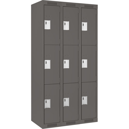 Clean Line Lockers, 3 -tier, Bank of 3, 36" x 18" x 72", Steel, Charcoal, Rivet (Assembled) Equipex