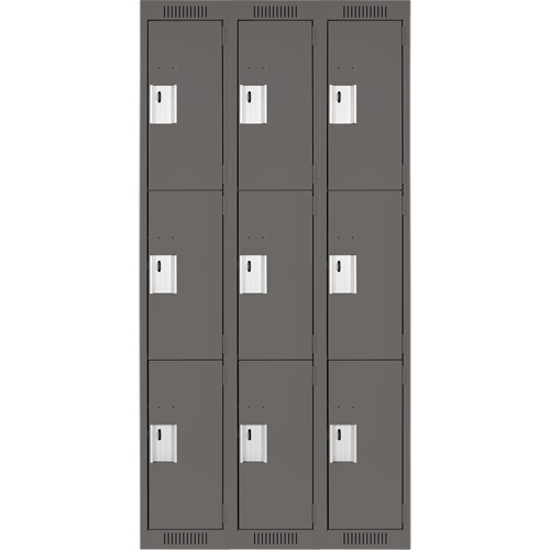 Clean Line Lockers, 3 -tier, Bank of 3, 36" x 18" x 72", Steel, Charcoal, Rivet (Assembled) Equipex