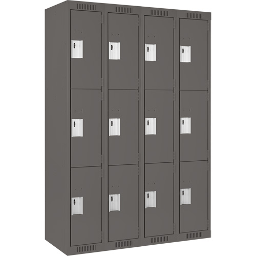 Clean Line Lockers, 3 -tier, Bank of 4, 48" x 18" x 72", Steel, Charcoal, Rivet (Assembled) Equipex