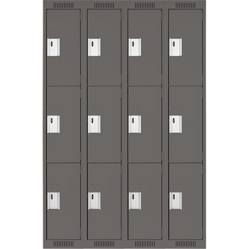Clean Line Lockers, 3 -tier, Bank of 4, 48" x 18" x 72", Steel, Charcoal, Rivet (Assembled) Equipex