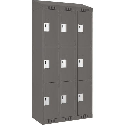 Clean Line Lockers, 3 -tier, Bank of 3, 36" x 18" x 78", Steel, Charcoal, Rivet (Assembled) Equipex