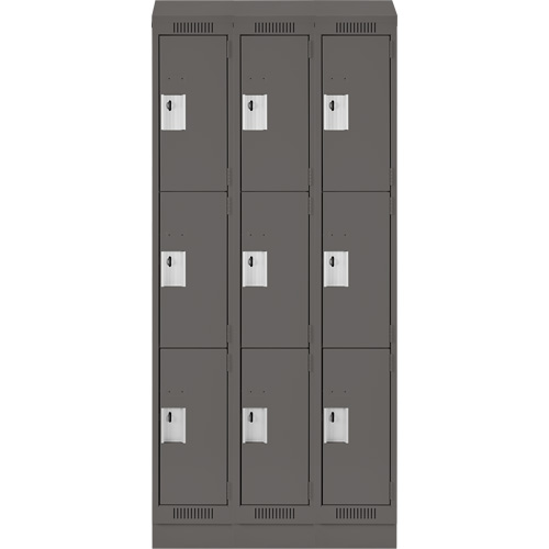 Clean Line Lockers, 3 -tier, Bank of 3, 36" x 18" x 82", Steel, Charcoal, Rivet (Assembled) Equipex