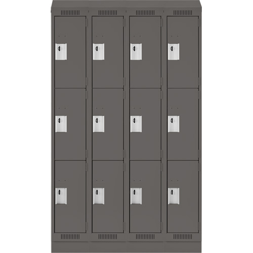 Clean Line Lockers, 3 -tier, Bank of 4, 48" x 18" x 82", Steel, Charcoal, Rivet (Assembled) Equipex