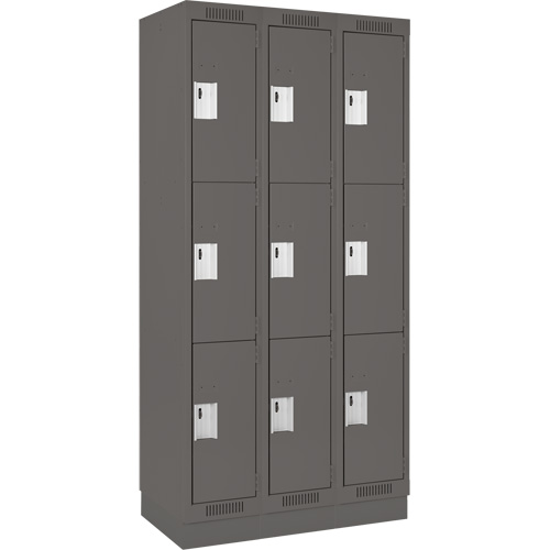Clean Line Lockers, 3 -tier, Bank of 3, 36" x 18" x 76", Steel, Charcoal, Rivet (Assembled) Equipex