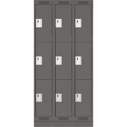 Clean Line Lockers, 3 -tier, Bank of 3, 36" x 18" x 76", Steel, Charcoal, Rivet (Assembled) Equipex