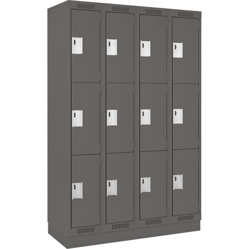 Clean Line Lockers, 3 -tier, Bank of 4, 48" x 18" x 76", Steel, Charcoal, Rivet (Assembled) Equipex