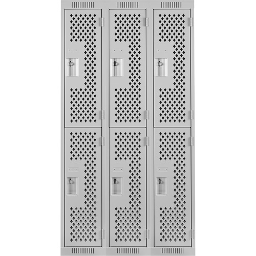 Clean Line Lockers, 2 -tier, Bank of 3, 36" x 15" x 72", Steel, Grey, Rivet (Assembled), Perforated Equipex