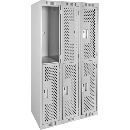 Clean Line Lockers, 2 -tier, Bank of 3, 36" x 15" x 72", Steel, Grey, Rivet (Assembled), Perforated Equipex