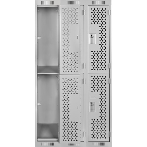 Clean Line Lockers, 2 -tier, Bank of 3, 36" x 15" x 72", Steel, Grey, Rivet (Assembled), Perforated Equipex