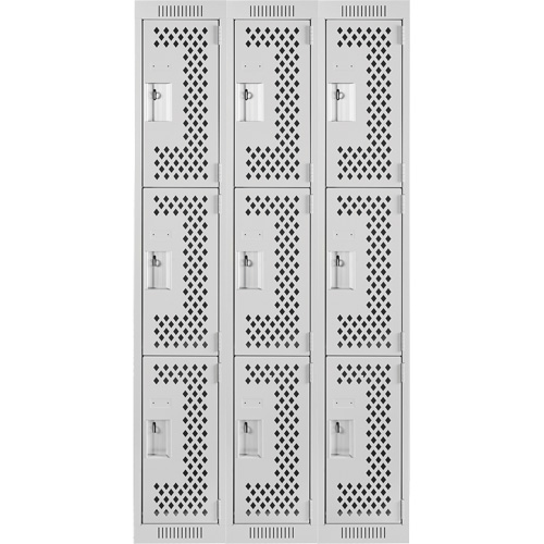 Clean Line Lockers, 3 -tier, Bank of 3, 36" x 12" x 72", Steel, Grey, Rivet (Assembled), Perforated Equipex