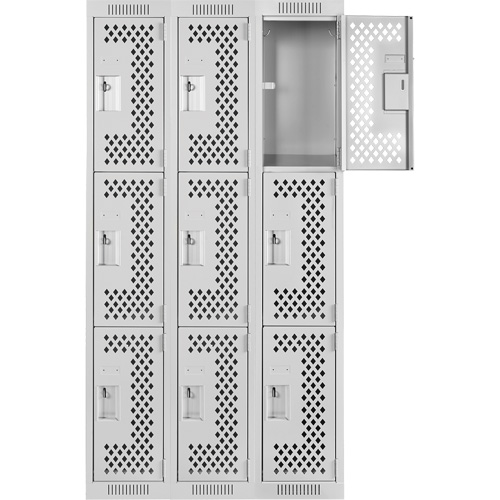 Clean Line Lockers, 3 -tier, Bank of 3, 36" x 12" x 72", Steel, Grey, Rivet (Assembled), Perforated Equipex