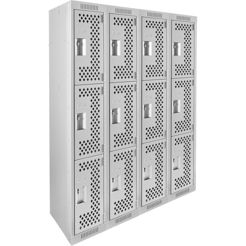 Clean Line Lockers, 3 -tier, Bank of 4, 48" x 12" x 72", Steel, Grey, Rivet (Assembled), Perforated Equipex