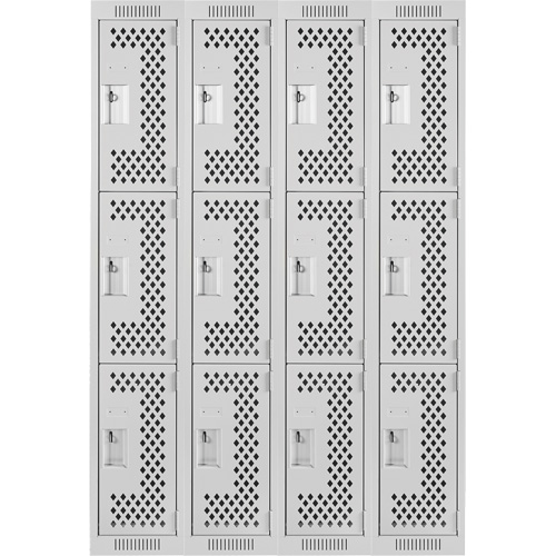 Clean Line Lockers, 3 -tier, Bank of 4, 48" x 12" x 72", Steel, Grey, Rivet (Assembled), Perforated Equipex