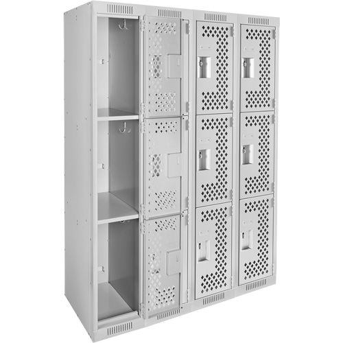 Clean Line Lockers, 3 -tier, Bank of 4, 48" x 12" x 72", Steel, Grey, Rivet (Assembled), Perforated Equipex
