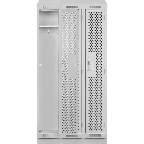 Clean Line Lockers, Bank of 3, 36" x 12" x 82", Steel, Grey, Rivet (Assembled), Perforated Equipex
