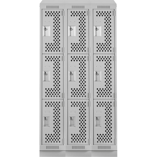 Clean Line Lockers, 3 -tier, Bank of 3, 36" x 15" x 82", Steel, Grey, Rivet (Assembled), Perforated Equipex
