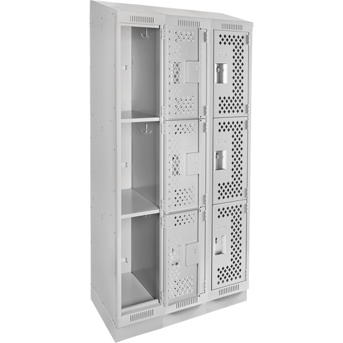 Clean Line Lockers, 3 -tier, Bank of 3, 36" x 15" x 82", Steel, Grey, Rivet (Assembled), Perforated Equipex