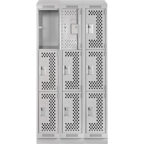 Clean Line Lockers, 3 -tier, Bank of 3, 36" x 15" x 82", Steel, Grey, Rivet (Assembled), Perforated Equipex