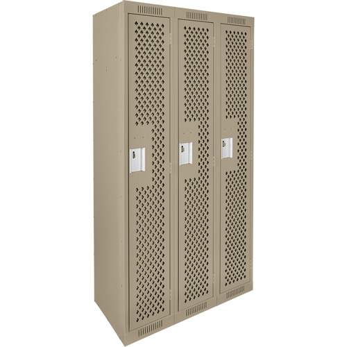 Clean Line Lockers, Bank of 3, 36" x 12" x 72", Steel, Beige, Rivet (Assembled), Perforated Equipex
