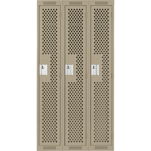 Clean Line Lockers, Bank of 3, 36" x 12" x 72", Steel, Beige, Rivet (Assembled), Perforated Equipex