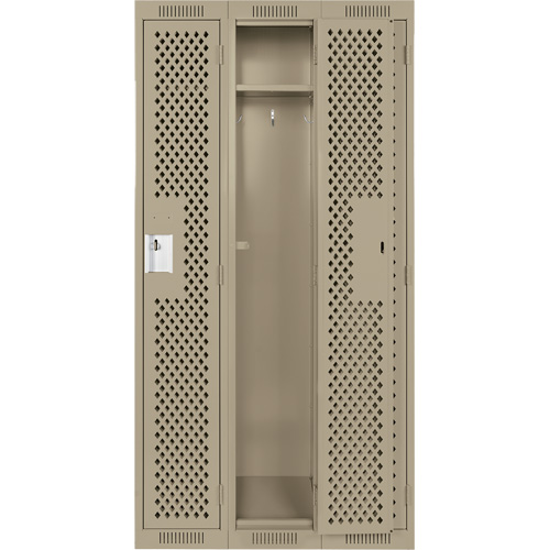 Clean Line Lockers, Bank of 3, 36" x 12" x 72", Steel, Beige, Rivet (Assembled), Perforated Equipex