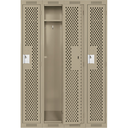 Clean Line Lockers, Bank of 4, 48" x 15" x 72", Steel, Beige, Rivet (Assembled), Perforated Equipex