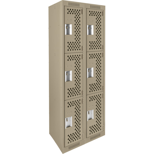 Clean Line Lockers, 3 -tier, Bank of 2, 24" x 12" x 72", Steel, Beige, Rivet (Assembled), Perforated Equipex